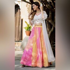 Lehenga, blouse, dupatta Striped Pink & Yellow Maxi Skirt - Women